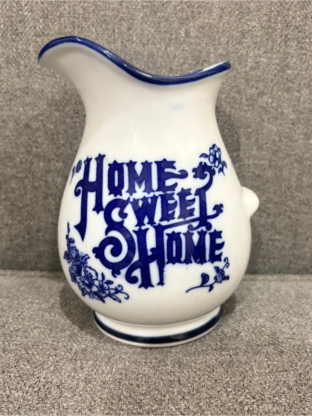 White Mini Ceramic Pitcher with Blue 'Home Sweet Home' Script